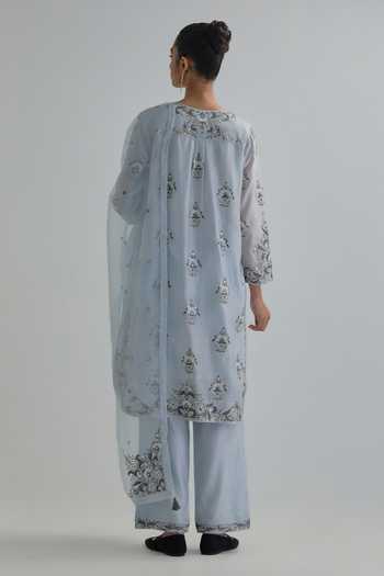 Buy_Kora_Blue , Chanderi, Cotton, Organza Round Neck, Floral Butta Kurta Set _Online_at_Aza_Fashions