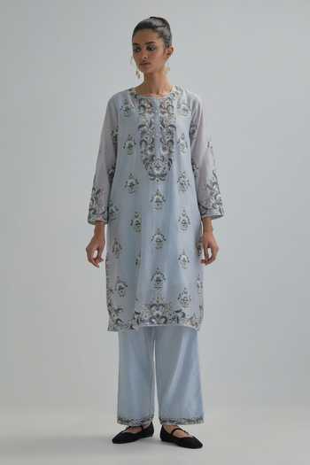 Shop_Kora_Blue , Chanderi, Cotton, Organza Round Neck, Floral Butta Kurta Set _Online_at_Aza_Fashions