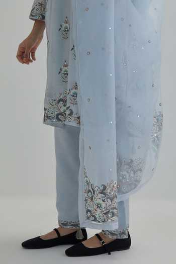 Kora_Blue , Chanderi, Cotton, Organza Round Neck, Floral Butta Kurta Set _at_Aza_Fashions