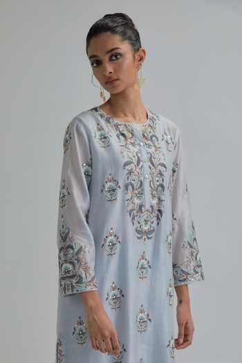 Buy_Kora_Blue , Chanderi, Cotton, Organza Round Neck, Floral Butta Kurta Set 