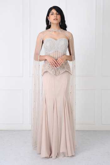 Isha Regalia_Beige Georgette, Net Crystals Embroidered Corset With Panelled Skirt Set _Online_at_Aza_Fashions