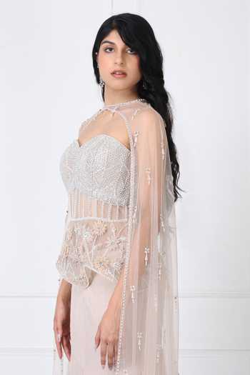 Buy_Isha Regalia_Beige Georgette, Net Crystals Embroidered Corset With Panelled Skirt Set _Online_at_Aza_Fashions