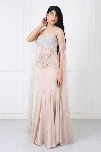 Shop_Isha Regalia_Beige Georgette, Net Crystals Embroidered Corset With Panelled Skirt Set _Online_at_Aza_Fashions