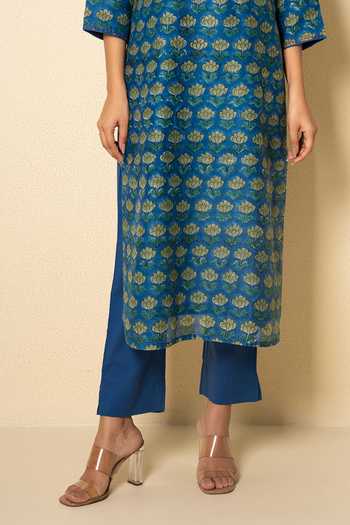 Kameez_Blue Chanderi, Muslin (mulmul), Cotton Split Floral Block Print Kurta And Pant Set _Online_at_Aza_Fashions