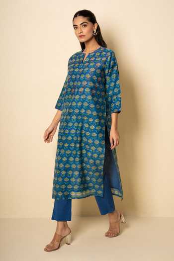 Buy_Kameez_Blue Chanderi, Muslin (mulmul), Cotton Split Floral Block Print Kurta And Pant Set _Online_at_Aza_Fashions