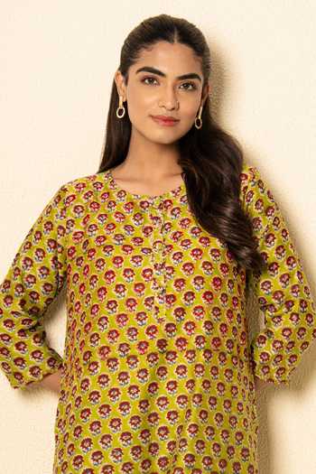Buy_Kameez_Lime Chanderi, Cotton Round Neck Floral Block Print Kurta And Pant Set _Online_at_Aza_Fashions