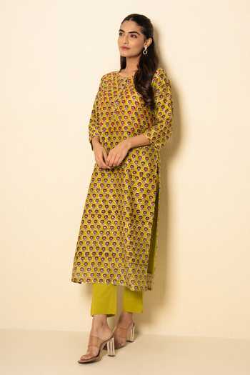 Shop_Kameez_Lime Chanderi, Cotton Round Neck Floral Block Print Kurta And Pant Set _Online_at_Aza_Fashions