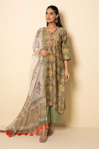 Kameez_Olive Green Chanderi, Cotton, Kota Doria Meadow Floral Block Print Kurta Set _Online_at_Aza_Fashions