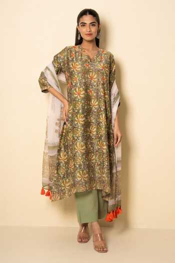 Kameez Meadow Chanderi Floral Block Print Kurta Set 