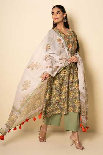 Shop_Kameez_Olive Green Chanderi, Cotton, Kota Doria Meadow Floral Block Print Kurta Set 