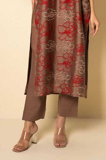 Kameez_Brown Chanderi, Cotton Keyhole Neck Floral Embroidered Kurta And Pant Set _Online_at_Aza_Fashions