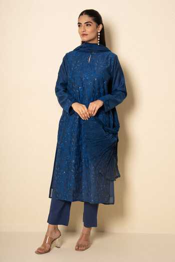 Shop_Kameez_Cobalt Chanderi, Cotton Keyhole Neck Bloom Floral Embroidered Kurta Set _Online_at_Aza_Fashions