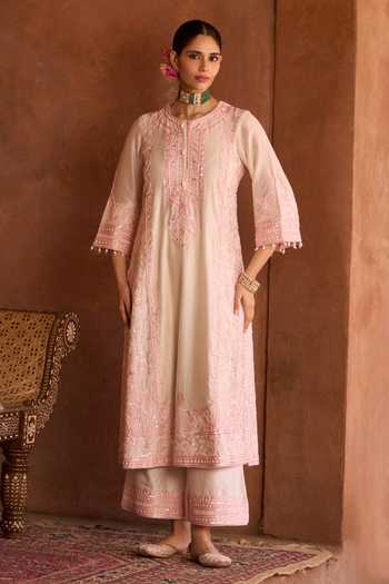 Sheetal Batra_Pink , Chanderi, Organza Round Neck, Yes Ena Kurta Set _at_Aza_Fashions