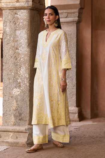 Shop_Sheetal Batra_Ivory , Chanderi, Organza Embroidery Split Nurvi Kurta And Palazzo Set _Online_at_Aza_Fashions