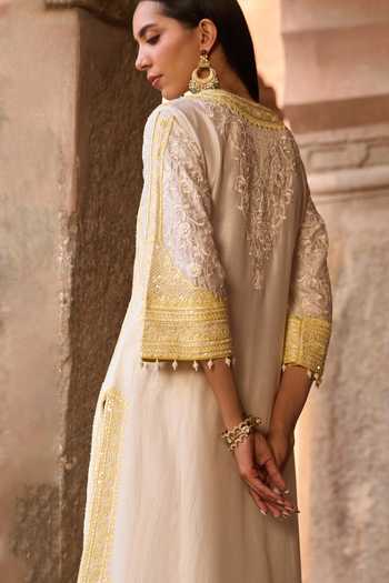 Sheetal Batra_Ivory , Chanderi, Organza Embroidery Split Nurvi Kurta And Palazzo Set _at_Aza_Fashions