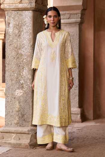 Buy_Sheetal Batra_Ivory , Chanderi, Organza Embroidery Split Nurvi Kurta And Palazzo Set 