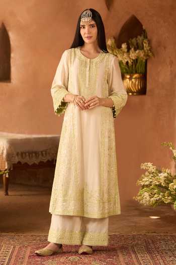 Buy_Sheetal Batra_Ivory , Chanderi, , Embroidery Round Ena Kurta Set 
