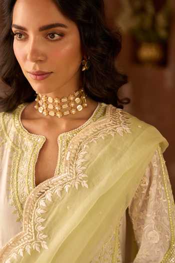 Buy_Sheetal Batra_Ivory , Chanderi, Organza Embroidery Round Neck Nurvi Kurta Set _Online_at_Aza_Fashions