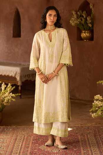 Shop_Sheetal Batra_Ivory , Chanderi, Organza Embroidery Round Neck Nurvi Kurta Set _Online_at_Aza_Fashions