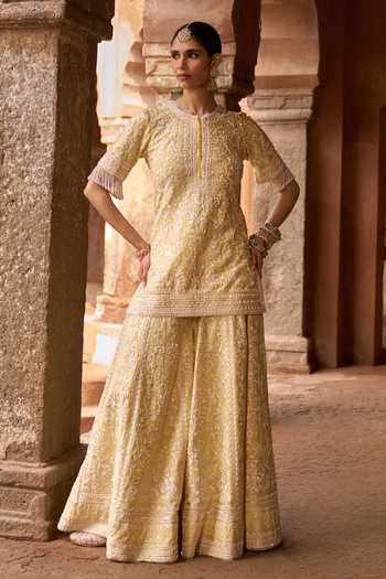 Buy_Sheetal Batra_Yellow , Chanderi, Organza Round Neck Heer Kurta Set _Online_at_Aza_Fashions
