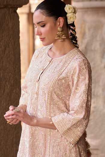 Buy_Sheetal Batra_Pink , Chanderi, Organza Round Neck, Yes Saboor Kurta Set _Online_at_Aza_Fashions