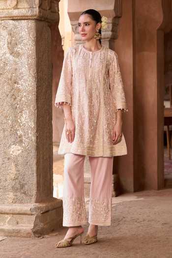 Shop_Sheetal Batra_Pink , Chanderi, Organza Round Neck, Yes Saboor Kurta Set _Online_at_Aza_Fashions
