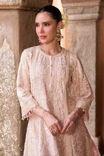 Sheetal Batra_Pink , Chanderi, Organza Round Neck, Yes Saboor Kurta Set _at_Aza_Fashions
