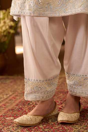 Buy_Sheetal Batra_Blue , Chanderi, Cotton, Organza Round Neck Anam Kurta Set _Online_at_Aza_Fashions