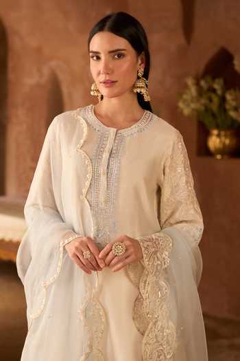 Shop_Sheetal Batra_Blue , Chanderi, Cotton, Organza Round Neck Anam Kurta Set _Online_at_Aza_Fashions