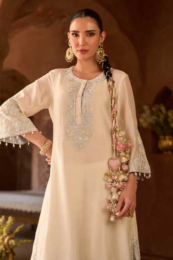 Sheetal Batra_Blue , Chanderi, Cotton, Organza High Neck, Yes Hani Kurta Set _Online_at_Aza_Fashions