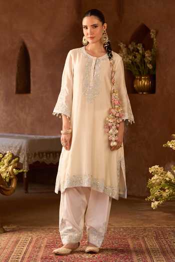 Buy_Sheetal Batra_Blue , Chanderi, Cotton, Organza High Neck, Yes Hani Kurta Set _Online_at_Aza_Fashions