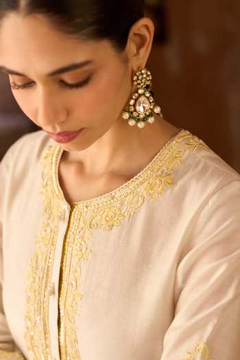 Buy_Sheetal Batra_Ivory , Chanderi, Cotton, Organza Round Neck Hani Kurta Set _Online_at_Aza_Fashions