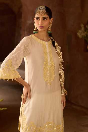 Sheetal Batra_Yellow Silk, Chanderi Sequins, Pearls Round Neck Ruhi Kurta And Dhoti Pant Set _Online_at_Aza_Fashions