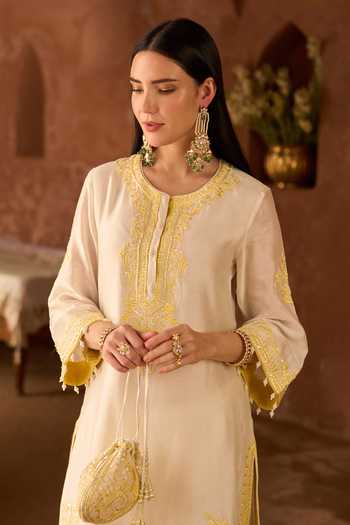 Sheetal Batra_Yellow Silk, Chanderi, Satin Round Neck Nyra Kurta And Dhoti Pant Set _Online_at_Aza_Fashions