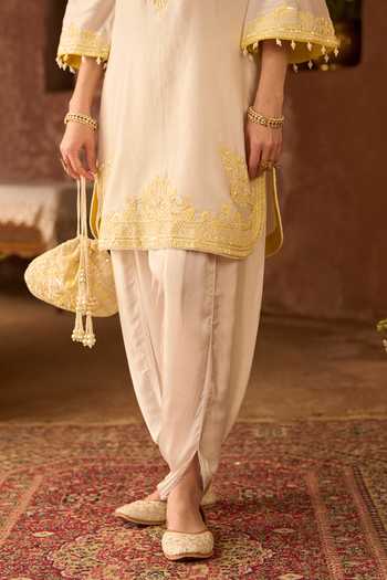 Buy_Sheetal Batra_Yellow Silk, Chanderi, Satin Round Neck Nyra Kurta And Dhoti Pant Set _Online_at_Aza_Fashions