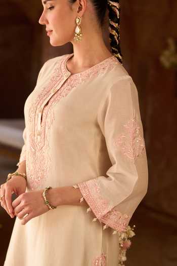Sheetal Batra_Pink Silk, Chanderi, Satin Round Neck Nyra Kurta And Dhoti Pant Set _Online_at_Aza_Fashions