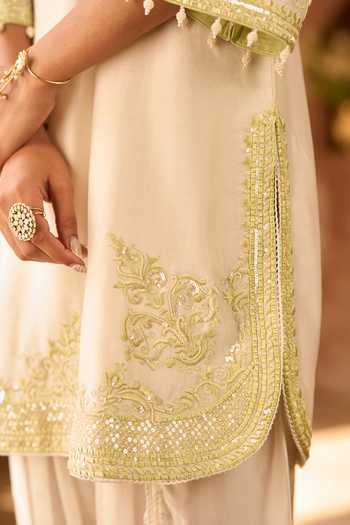 Buy_Sheetal Batra_Ivory Silk, Chanderi, Satin Round Neck, Yes Nyra Kurta And Pant Set _Online_at_Aza_Fashions