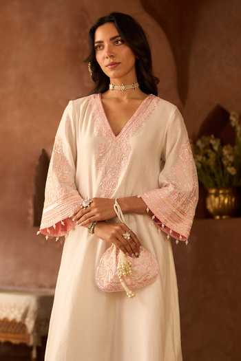 Sheetal Batra_Pink Silk, Cotton, Chanderi V-neck Sahabat Kaftan And Salwar Set _Online_at_Aza_Fashions