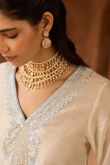 Shop_Sheetal Batra_Blue Silk, Cotton, Chanderi V-neck Sahabat Kaftan And Salwar Set _Online_at_Aza_Fashions