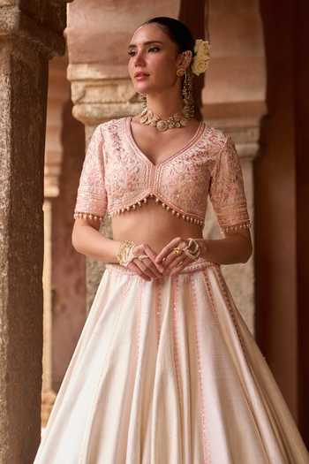 Sheetal Batra_Pink , Organza V-neck Sahabat Raw Lehenga Set _Online_at_Aza_Fashions