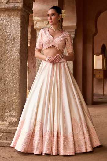 Shop_Sheetal Batra_Pink , Organza V-neck Sahabat Raw Lehenga Set _Online_at_Aza_Fashions