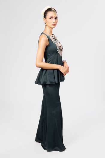 Rirasa_Green Crepe Split V-neck Juhi Embroidered Kurta And Sharara Set _Online_at_Aza_Fashions