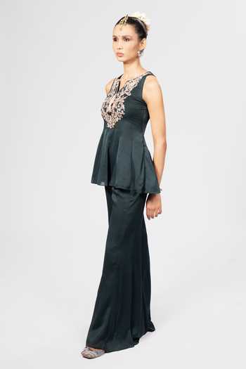 Buy_Rirasa_Green Crepe Split V-neck Juhi Embroidered Kurta And Sharara Set _Online_at_Aza_Fashions