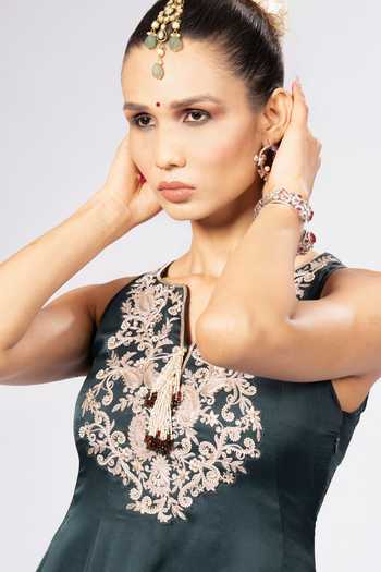 Shop_Rirasa_Green Crepe Split V-neck Juhi Embroidered Kurta And Sharara Set _Online_at_Aza_Fashions