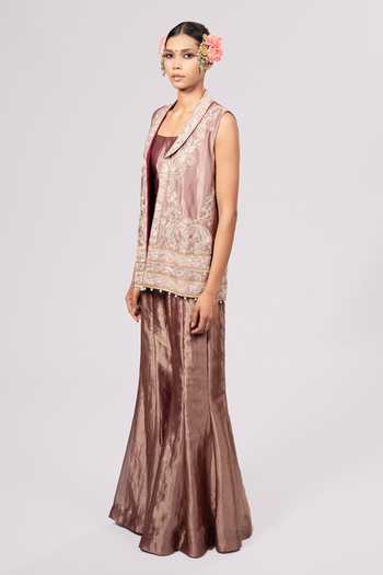Shop_Rirasa_Gold Tissue Shawl , Square Zareen Embroidered Jacket Set_Online_at_Aza_Fashions