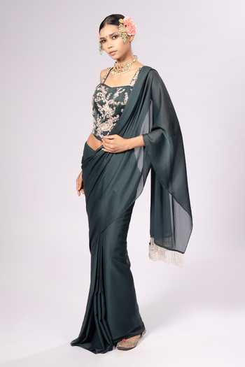 Rirasa_Green Crepe Square Neck Aabha Embroidered Saree And Bustier Set _Online_at_Aza_Fashions
