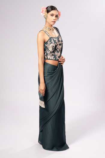 Shop_Rirasa_Green Crepe Square Neck Aabha Embroidered Saree And Bustier Set _Online_at_Aza_Fashions