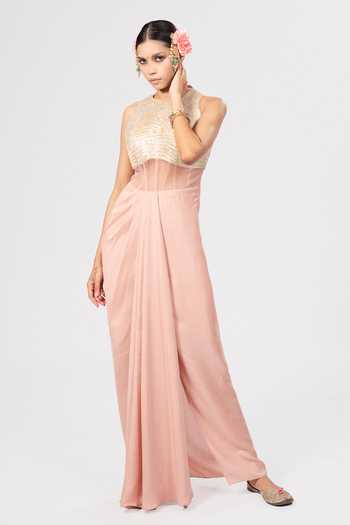 Rirasa_Peach Crepe High Neck Raveya Dress _Online_at_Aza_Fashions