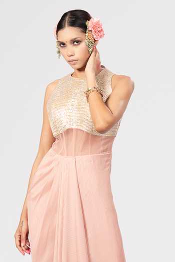Buy_Rirasa_Peach Crepe High Neck Raveya Dress _Online_at_Aza_Fashions