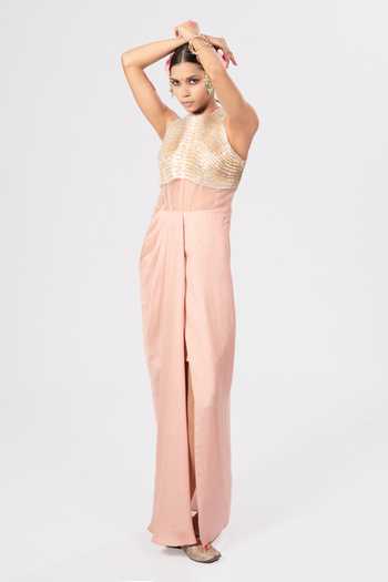 Shop_Rirasa_Peach Crepe High Neck Raveya Dress _Online_at_Aza_Fashions
